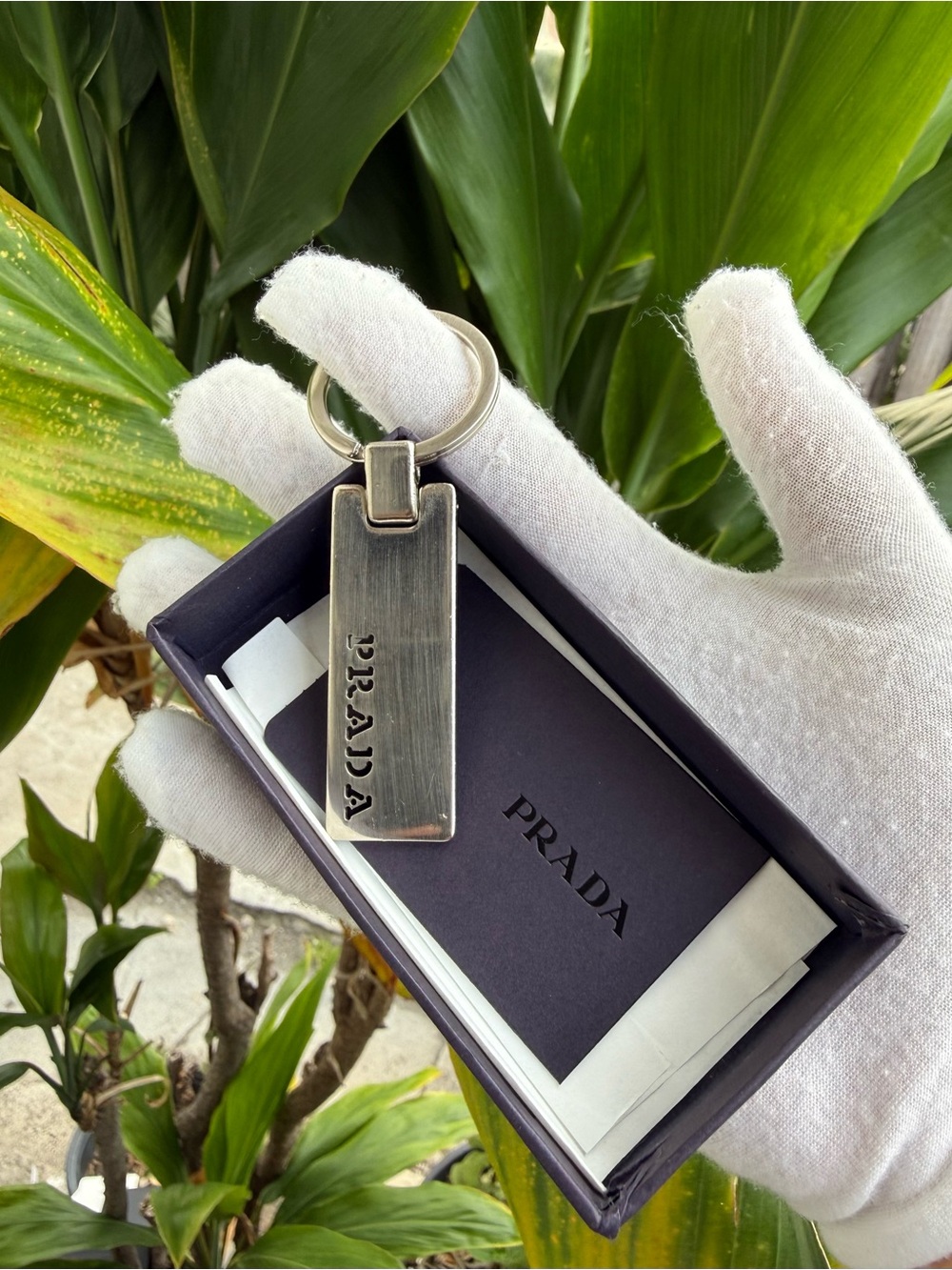 Prada Silver Tone Metal Keychain in Original Box